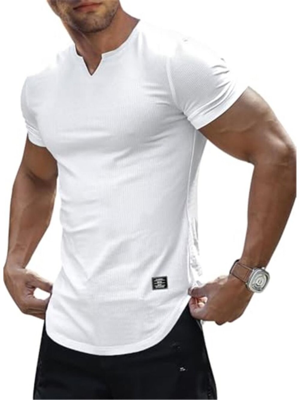 Ribbed Muscle Fit T Shirt Mens Stretch Short Sleeve V Neck Athletic Casual Tee